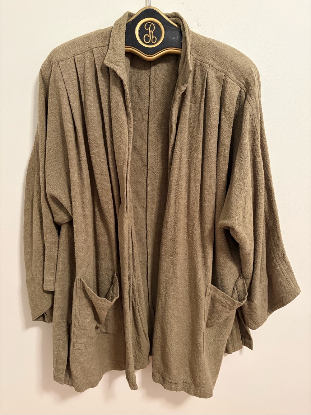 Vintage Sangam Imports Ltd Lagenlook Oversized Olive Open Front Jacket L